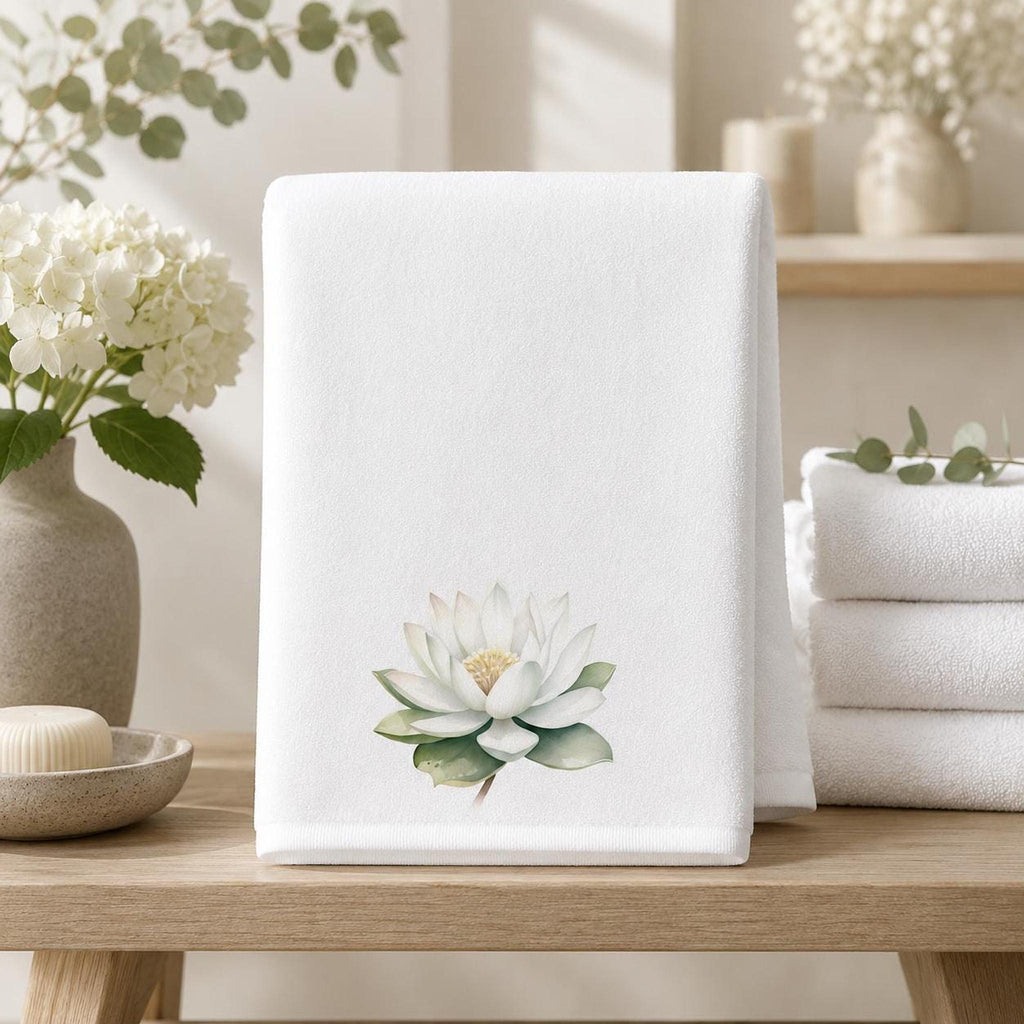 White Lotus Bath Towel, Botanical Bathroom Decor, Spa-Inspired Floral Accent, Nature Lover Gift