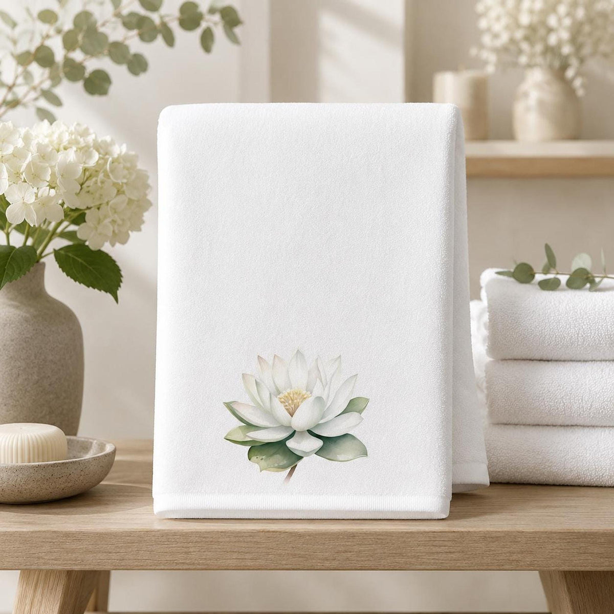 White Lotus Bath Towel, Botanical Bathroom Decor, Spa-Inspired Floral Accent, Nature Lover Gift