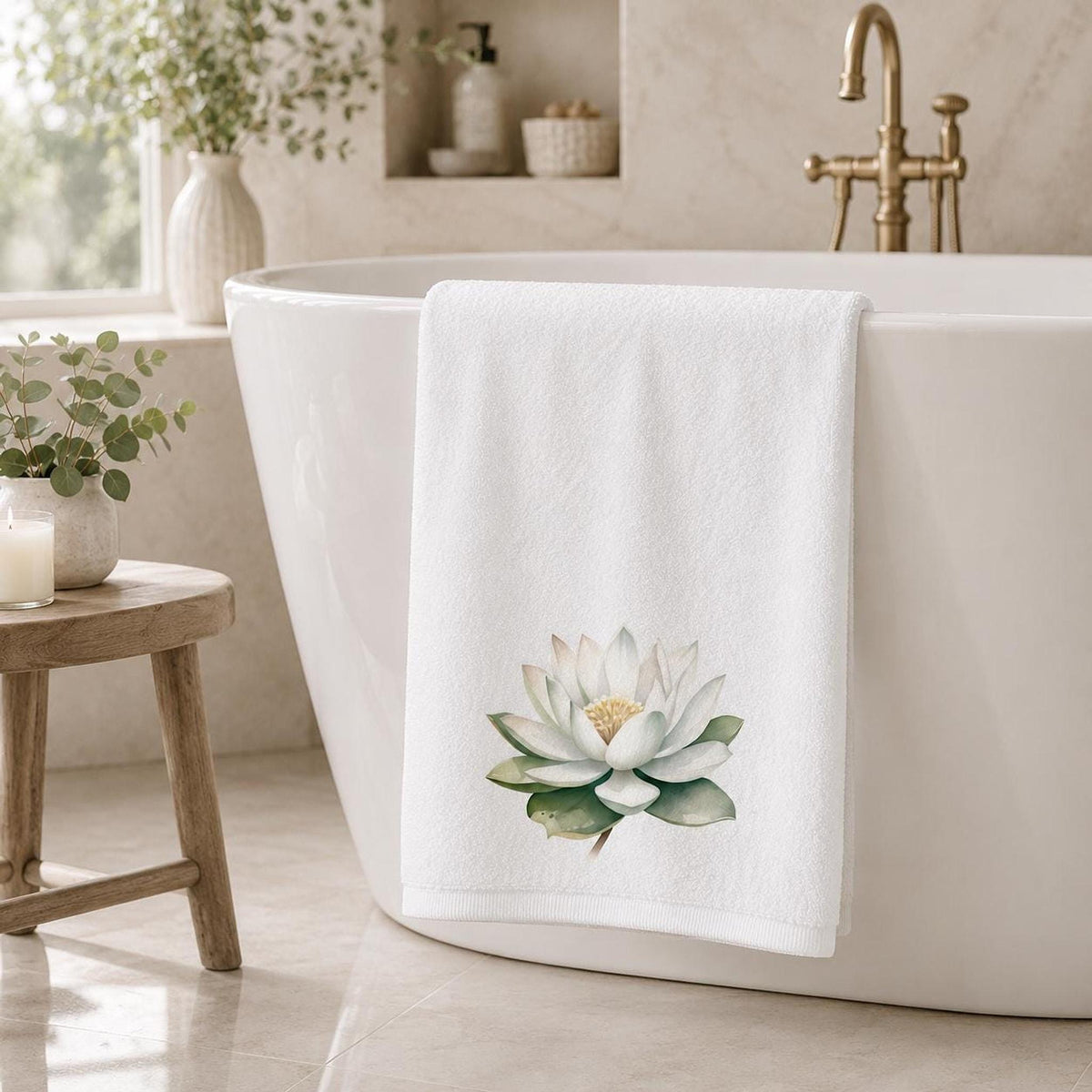 White Lotus Bath Towel, Botanical Bathroom Decor, Spa-Inspired Floral Accent, Nature Lover Gift