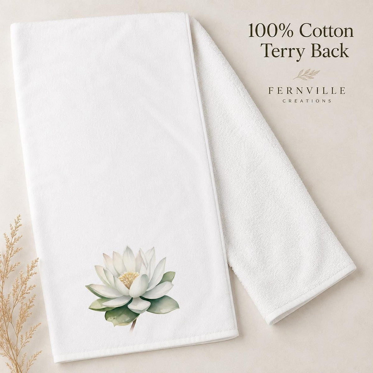 White Lotus Bath Towel, Botanical Bathroom Decor, Spa-Inspired Floral Accent, Nature Lover Gift