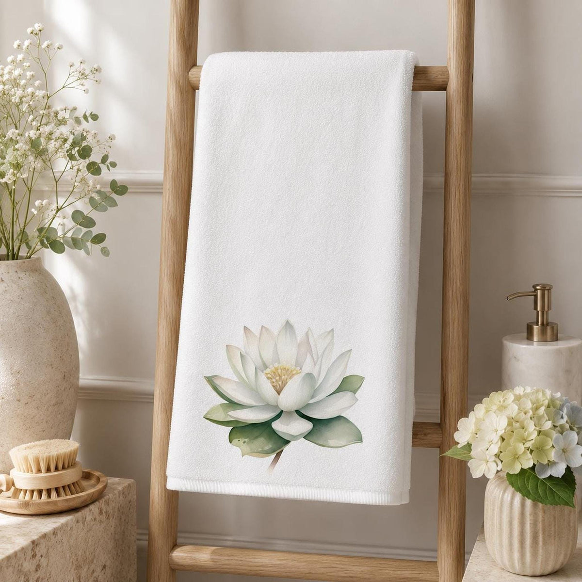 White Lotus Bath Towel, Botanical Bathroom Decor, Spa-Inspired Floral Accent, Nature Lover Gift