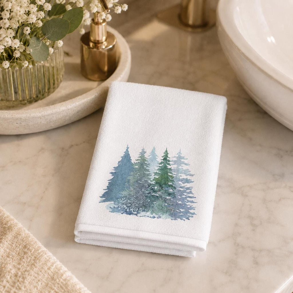 Fingertip Towel, Watercolor Pine Forest Design, 11 x 18 Inch Cotton Terry Back