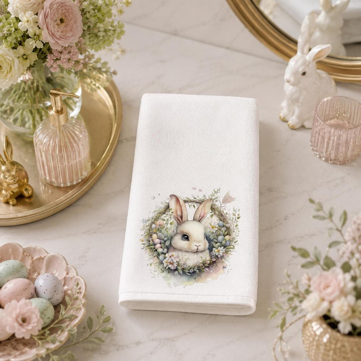 Easter Bunny Towel, White Sheared Polyester Front With Cotton Terrycloth Back