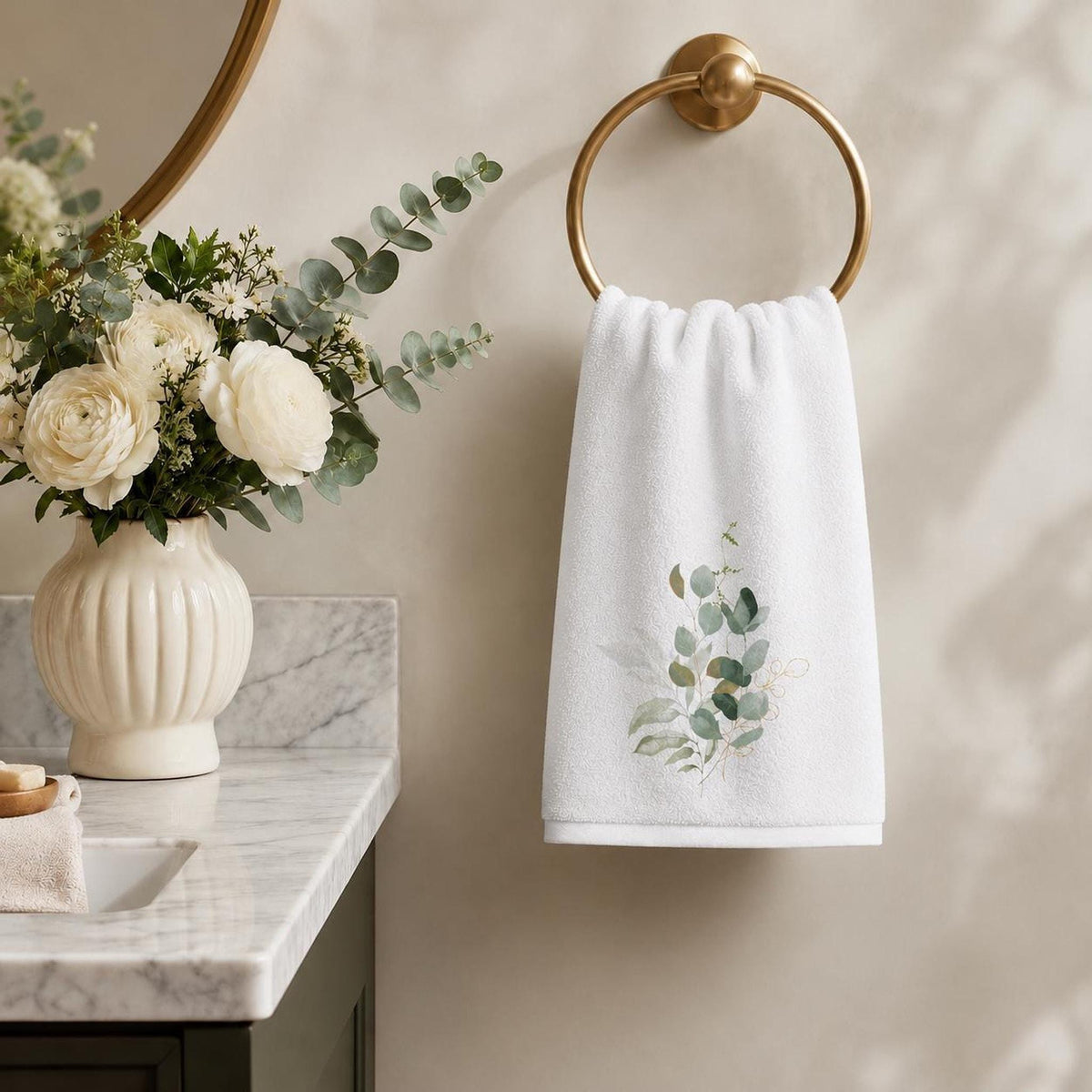 Spa Hand Towel, White Eucalyptus Botanical Design, Cotton Terrycloth Back