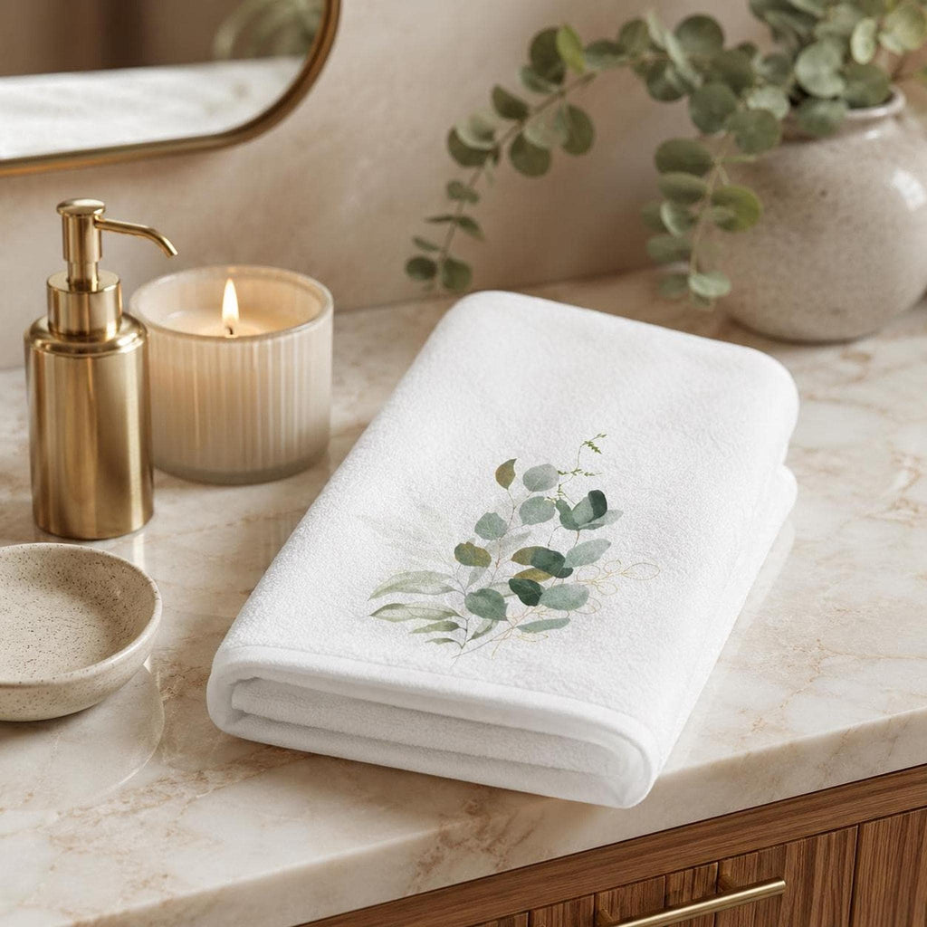 Spa Hand Towel, White Eucalyptus Botanical Design, Cotton Terrycloth Back