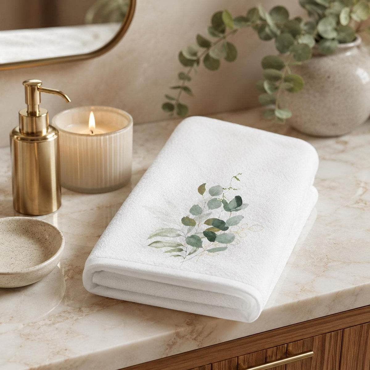 Spa Hand Towel, White Eucalyptus Botanical Design, Cotton Terrycloth Back