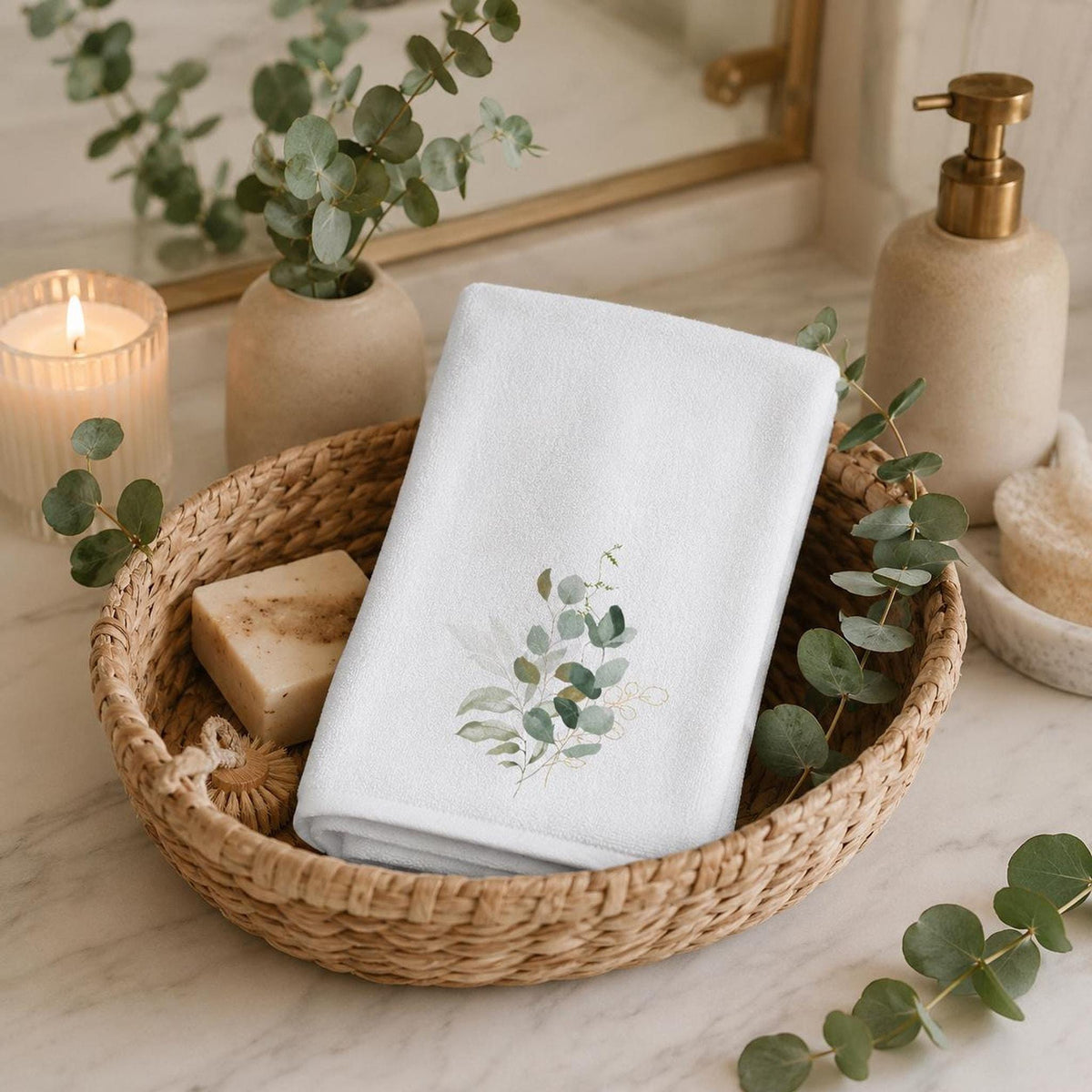 Spa Hand Towel, White Eucalyptus Botanical Design, Cotton Terrycloth Back