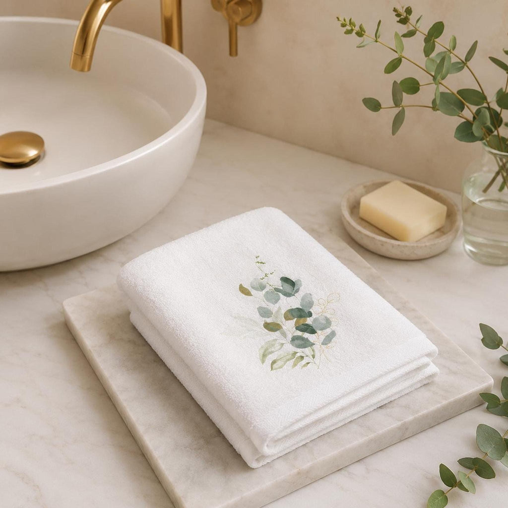 Spa Hand Towel, White Eucalyptus Botanical Design, Cotton Terrycloth Back