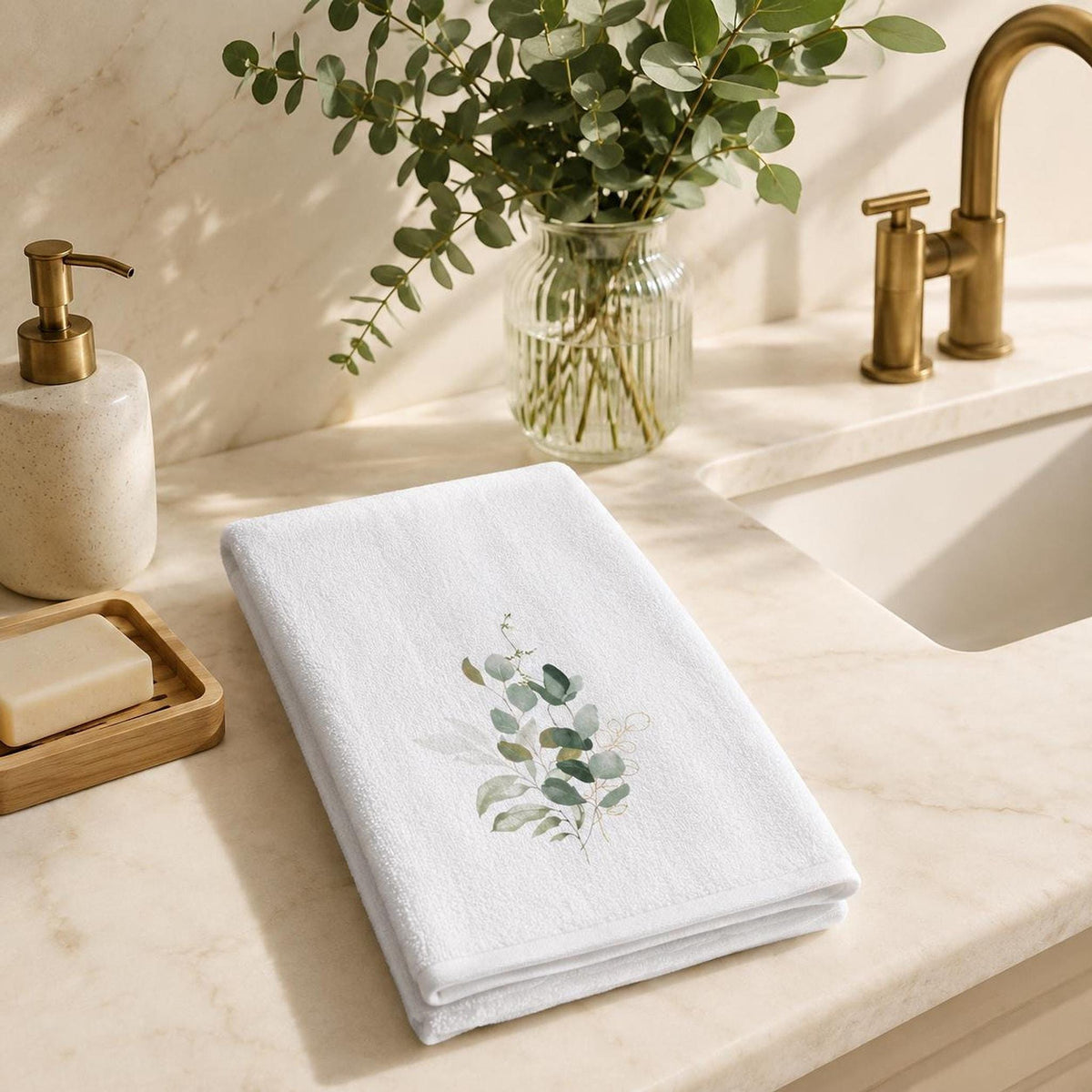 Spa Hand Towel, White Eucalyptus Botanical Design, Cotton Terrycloth Back