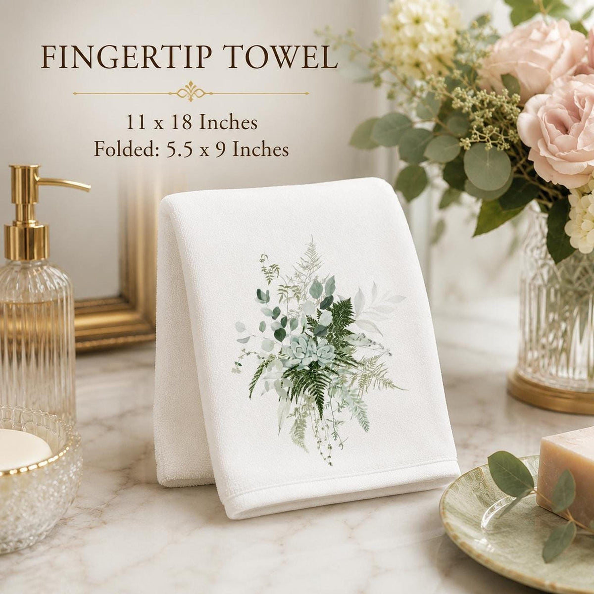 Green Botanical Fingertip Towel, 11 x 18 Inch, Cotton Terrycloth Back