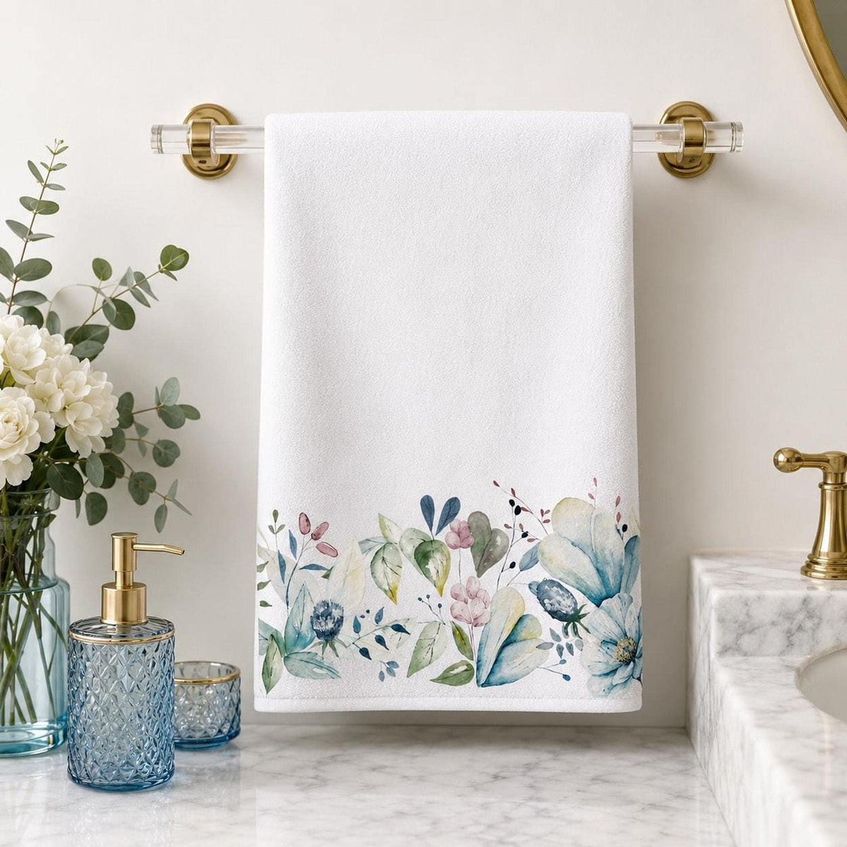 Guest Hand Towel, Blue Watercolor Floral Border, 15 x 25 Inch Cotton Terry Back