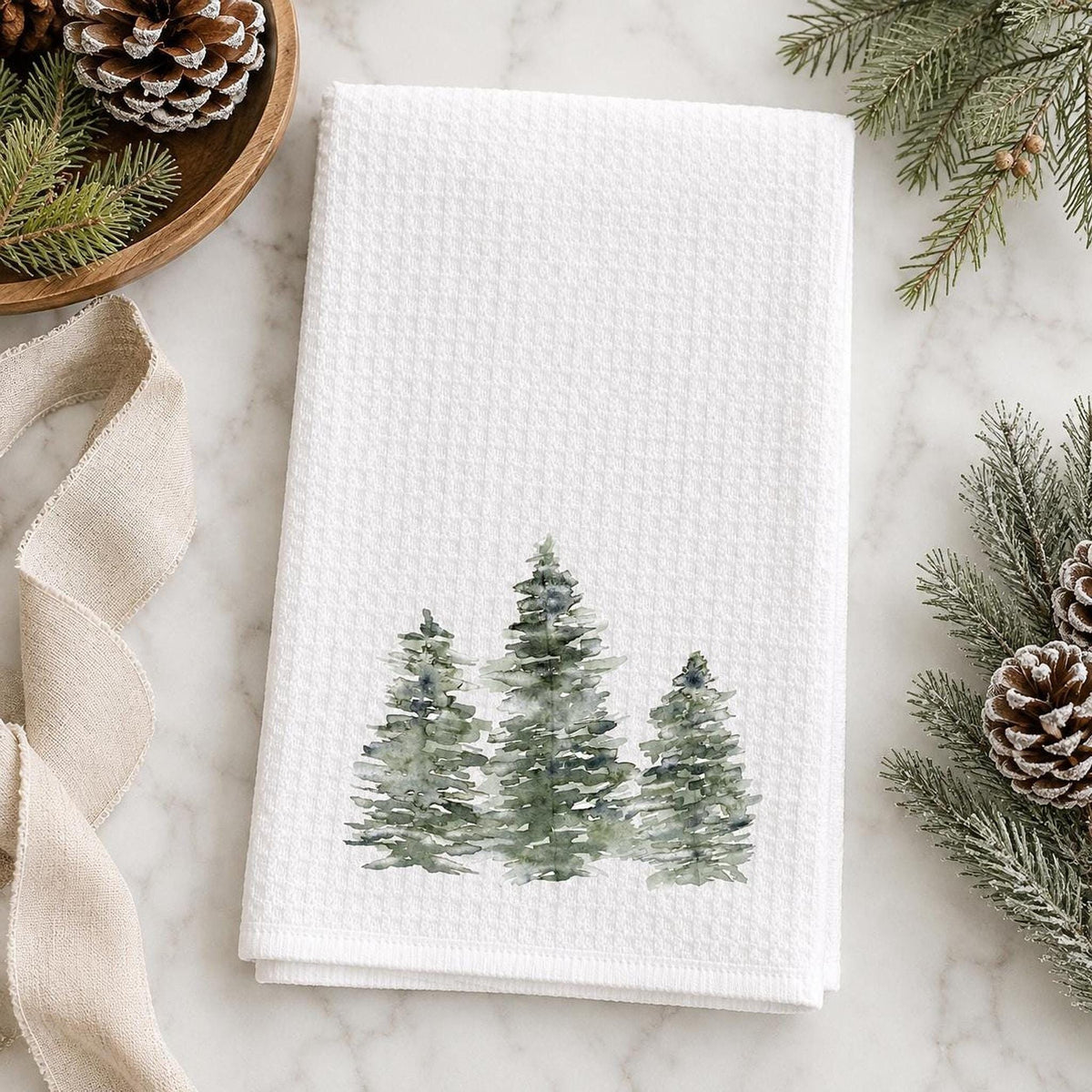 Nature Kitchen Towel, Microfiber Waffle Weave Evergreen Tree Design