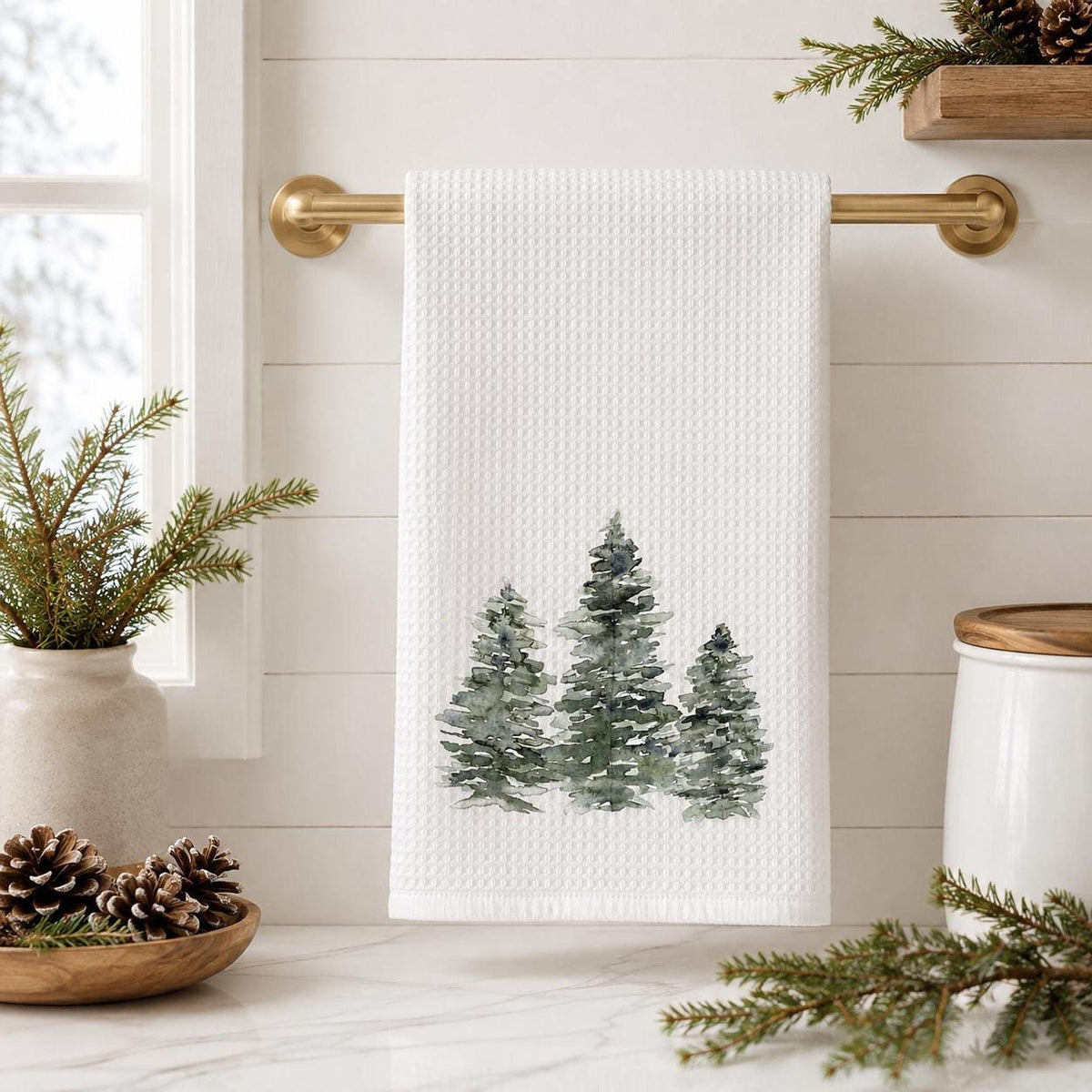 Nature Kitchen Towel, Microfiber Waffle Weave Evergreen Tree Design