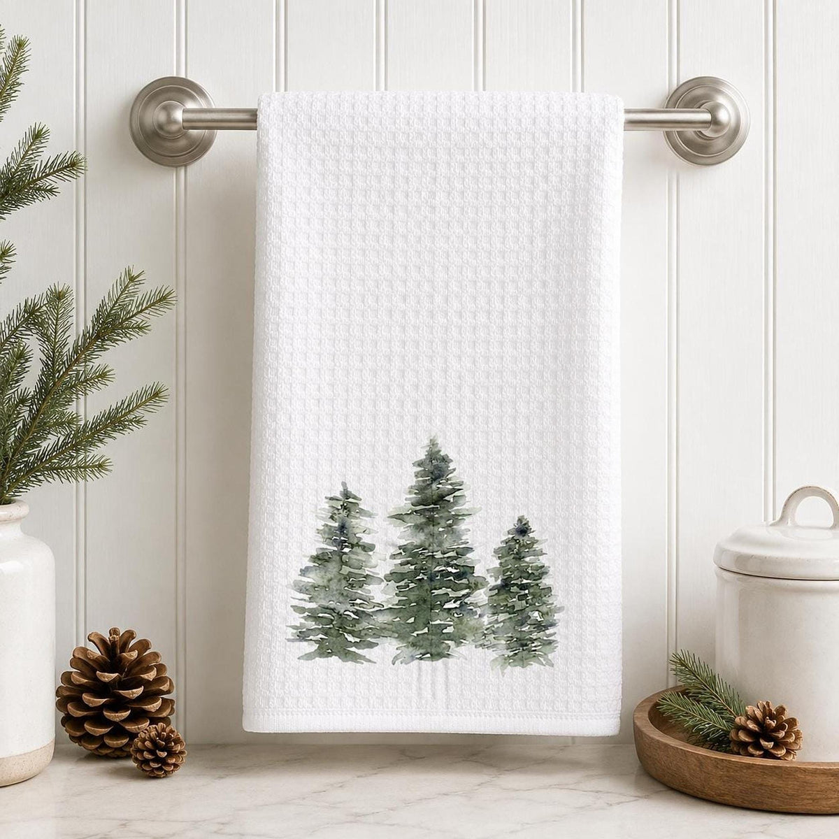 Nature Kitchen Towel, Microfiber Waffle Weave Evergreen Tree Design