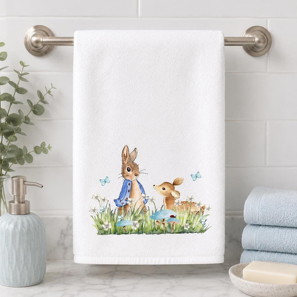 Easter Hand Towel, 15 x 25 Inch Cotton Terrycloth With Bunny Fawn Design