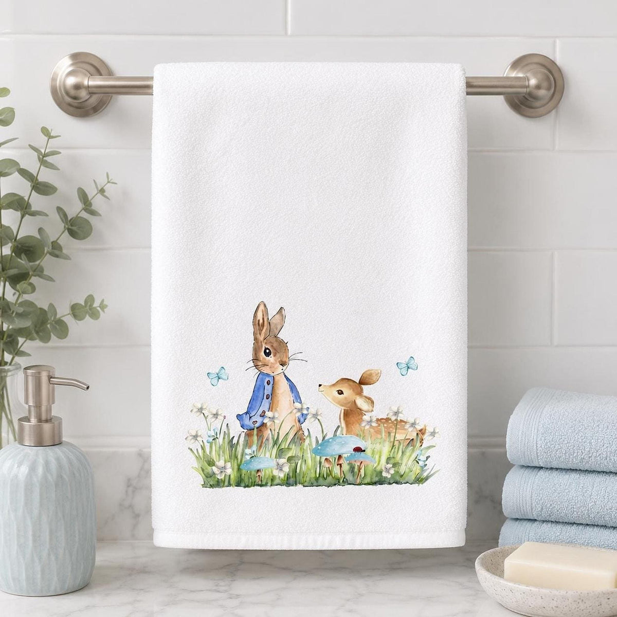 Easter Hand Towel, 15 x 25 Inch Cotton Terrycloth With Bunny Fawn Design