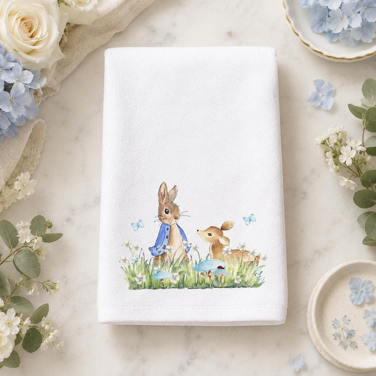Easter Hand Towel, 15 x 25 Inch Cotton Terrycloth With Bunny Fawn Design