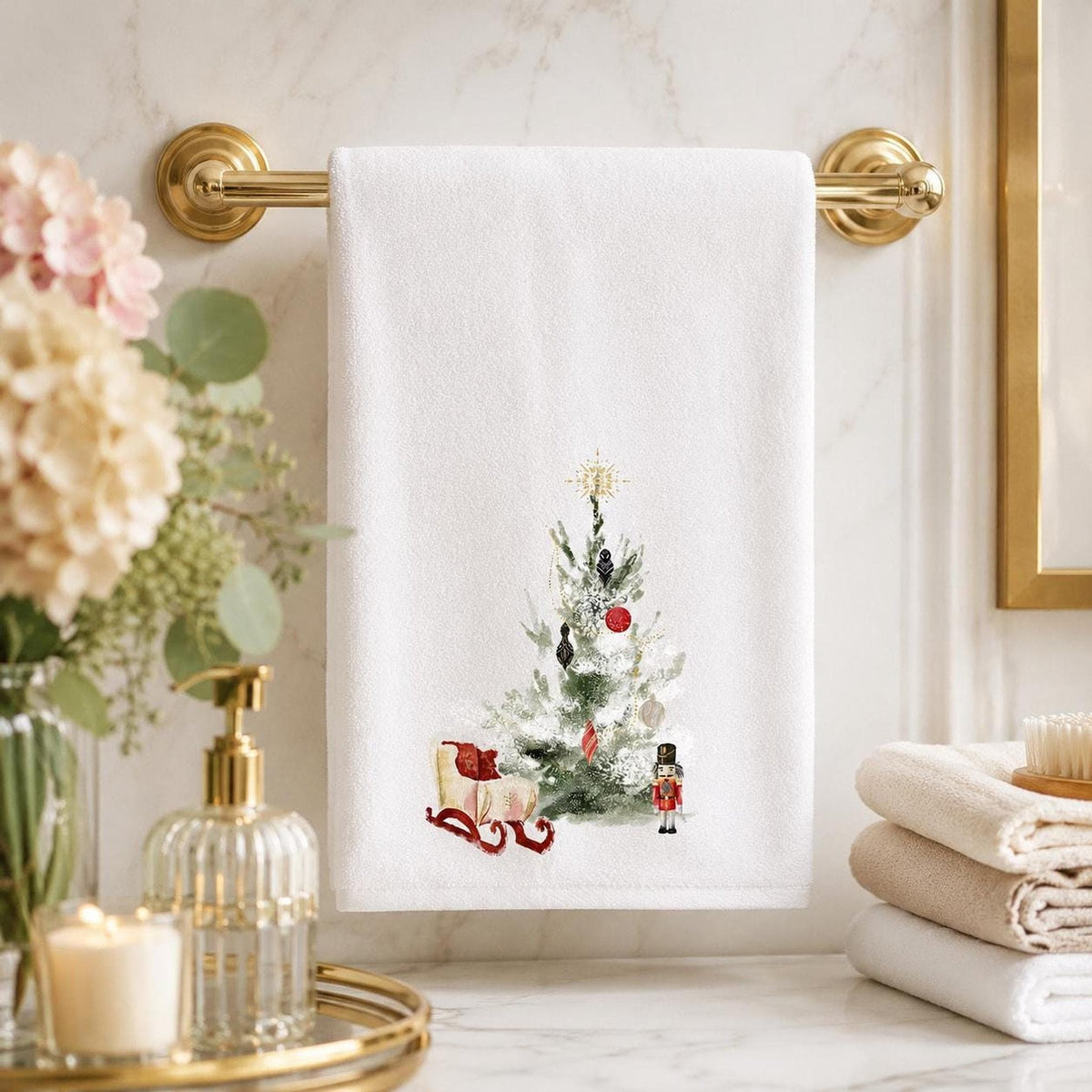 Christmas Towel, White Sheared Polyester 15 x 25 Inches with Nutcracker Sleigh Design