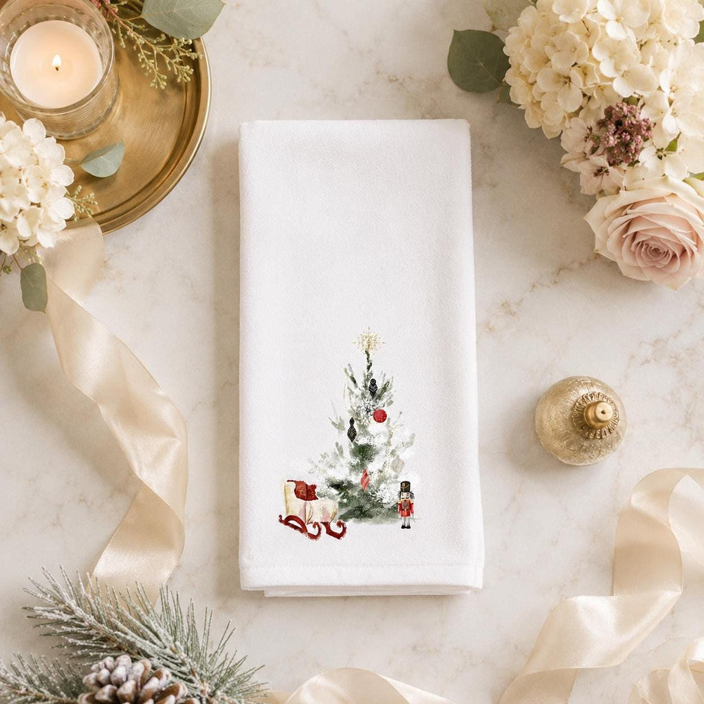 Christmas Towel, White Sheared Polyester 15 x 25 Inches with Nutcracker Sleigh Design