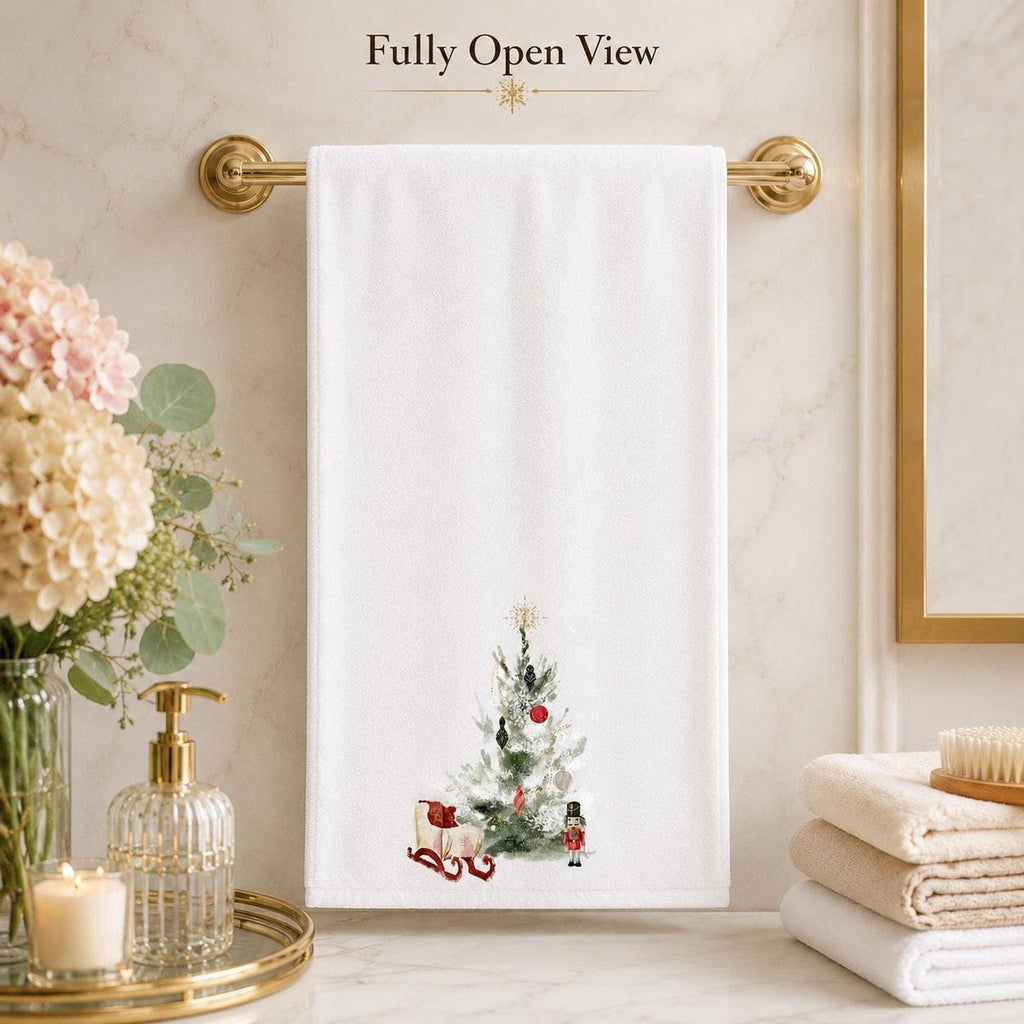 Christmas Towel, White Sheared Polyester 15 x 25 Inches with Nutcracker Sleigh Design