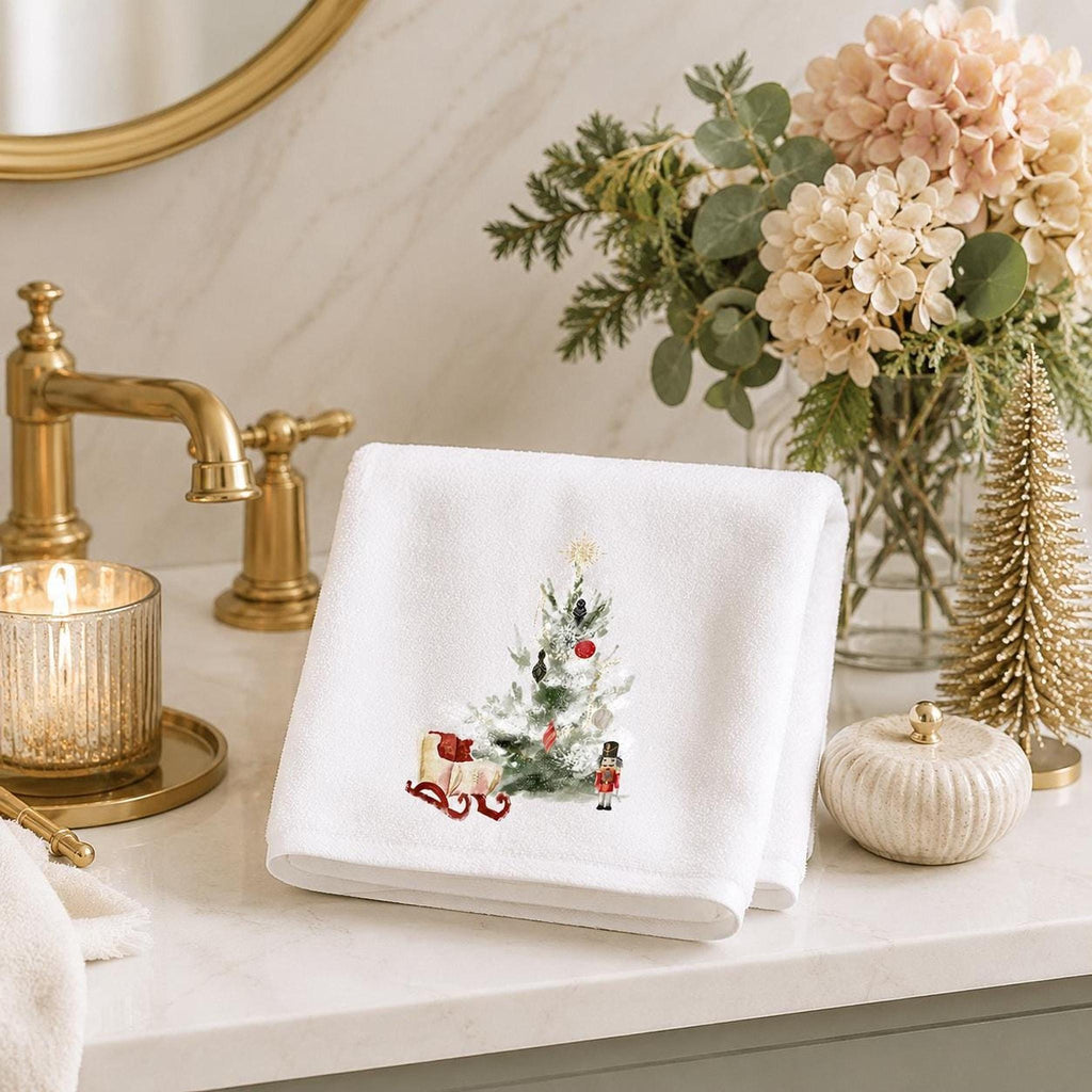 Christmas Towel, White Sheared Polyester 15 x 25 Inches with Nutcracker Sleigh Design