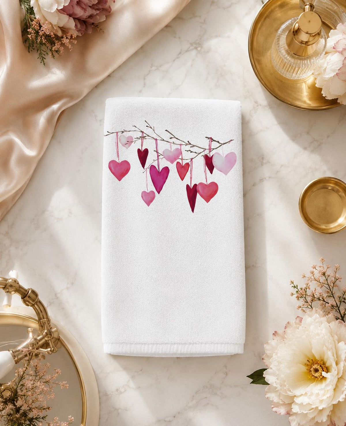 Valentine Towel, White Cotton Terrycloth with Hanging Pink Hearts