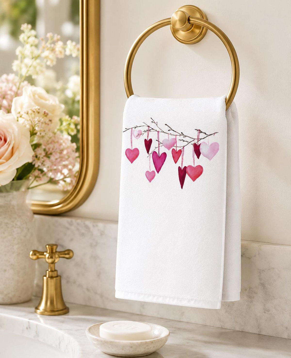 Valentine Towel, White Cotton Terrycloth with Hanging Pink Hearts