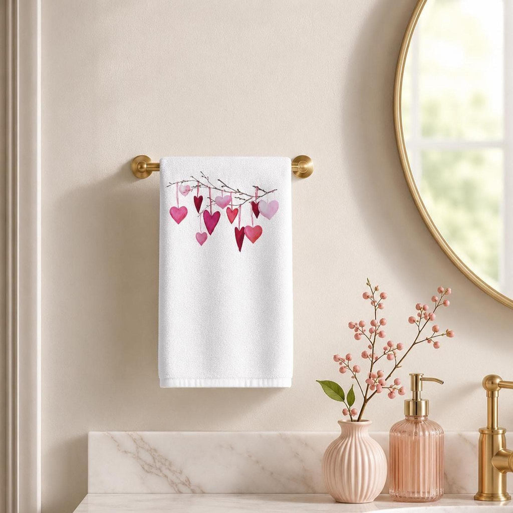 Valentine Towel, White Cotton Terrycloth with Hanging Pink Hearts