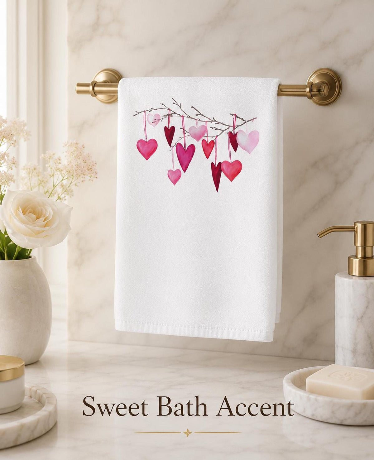 Valentine Towel, White Cotton Terrycloth with Hanging Pink Hearts