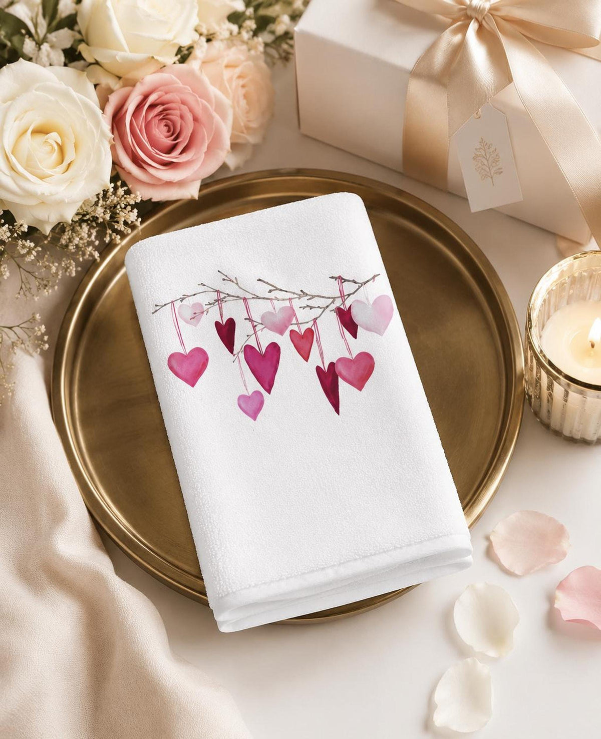 Valentine Towel, White Cotton Terrycloth with Hanging Pink Hearts