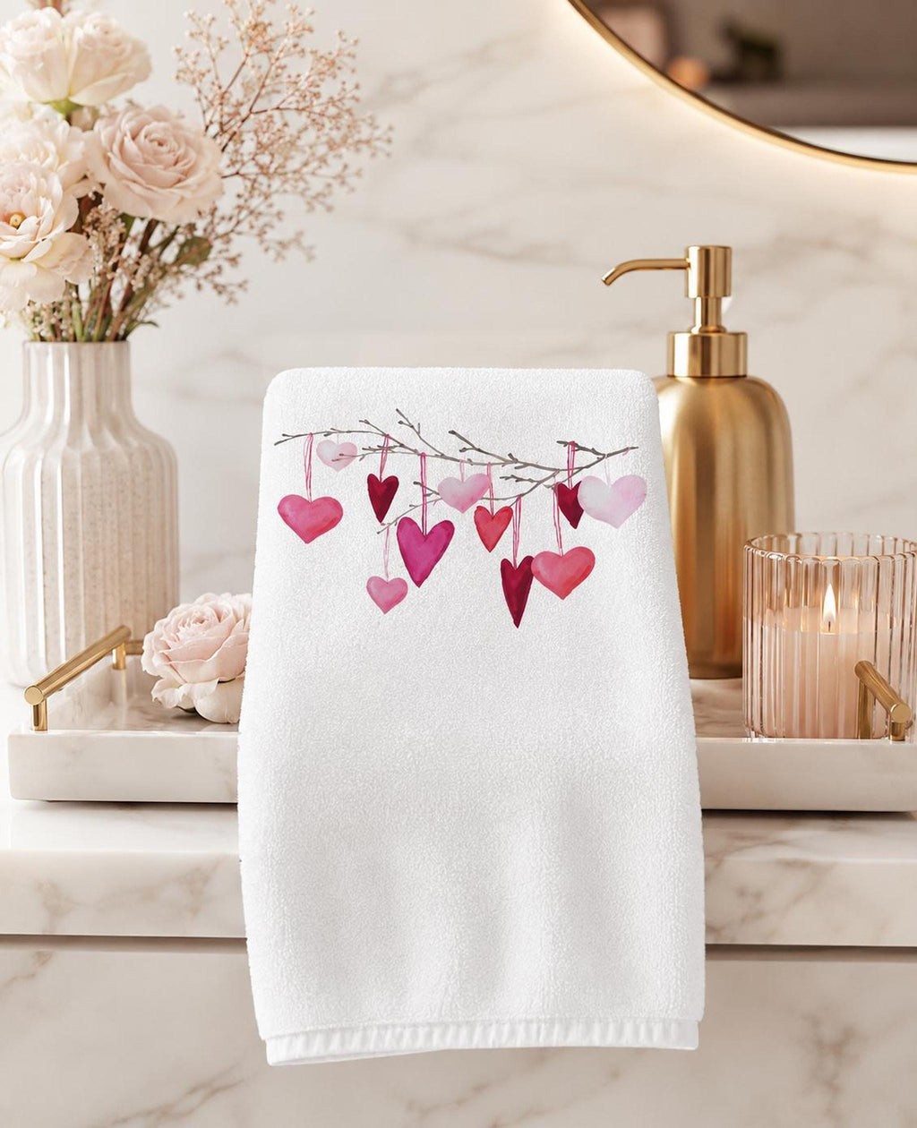 Valentine Towel, White Cotton Terrycloth with Hanging Pink Hearts