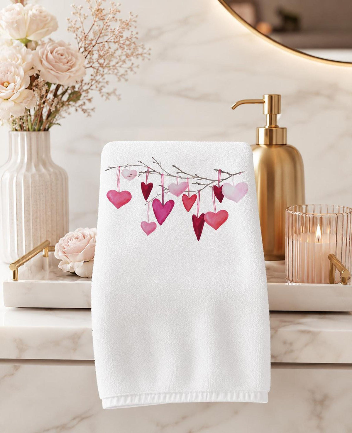 Valentine Towel, White Cotton Terrycloth with Hanging Pink Hearts