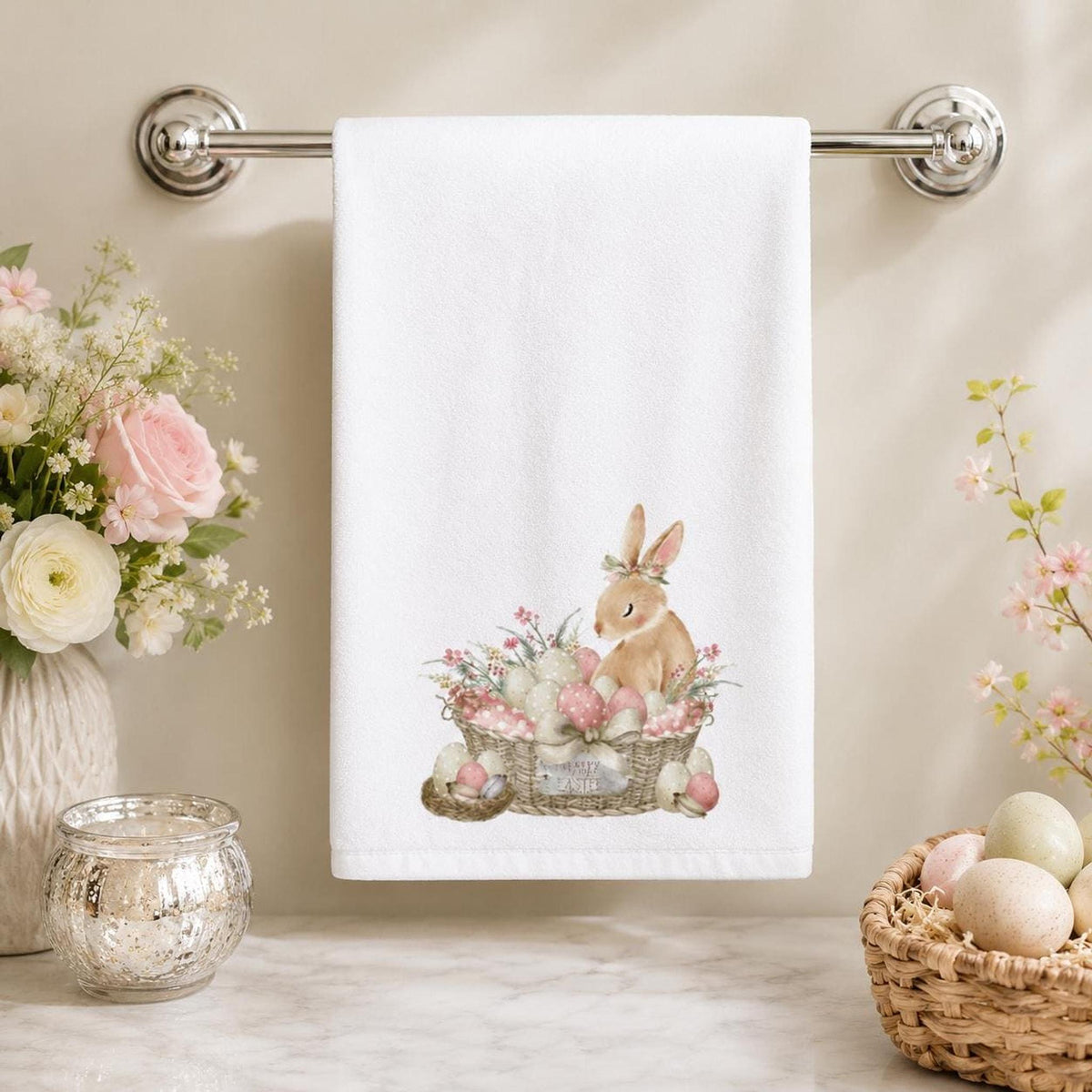 Farmhouse Bathroom Easter Bunny Hand Towel, 15 x 25 Inch Cotton Terrycloth