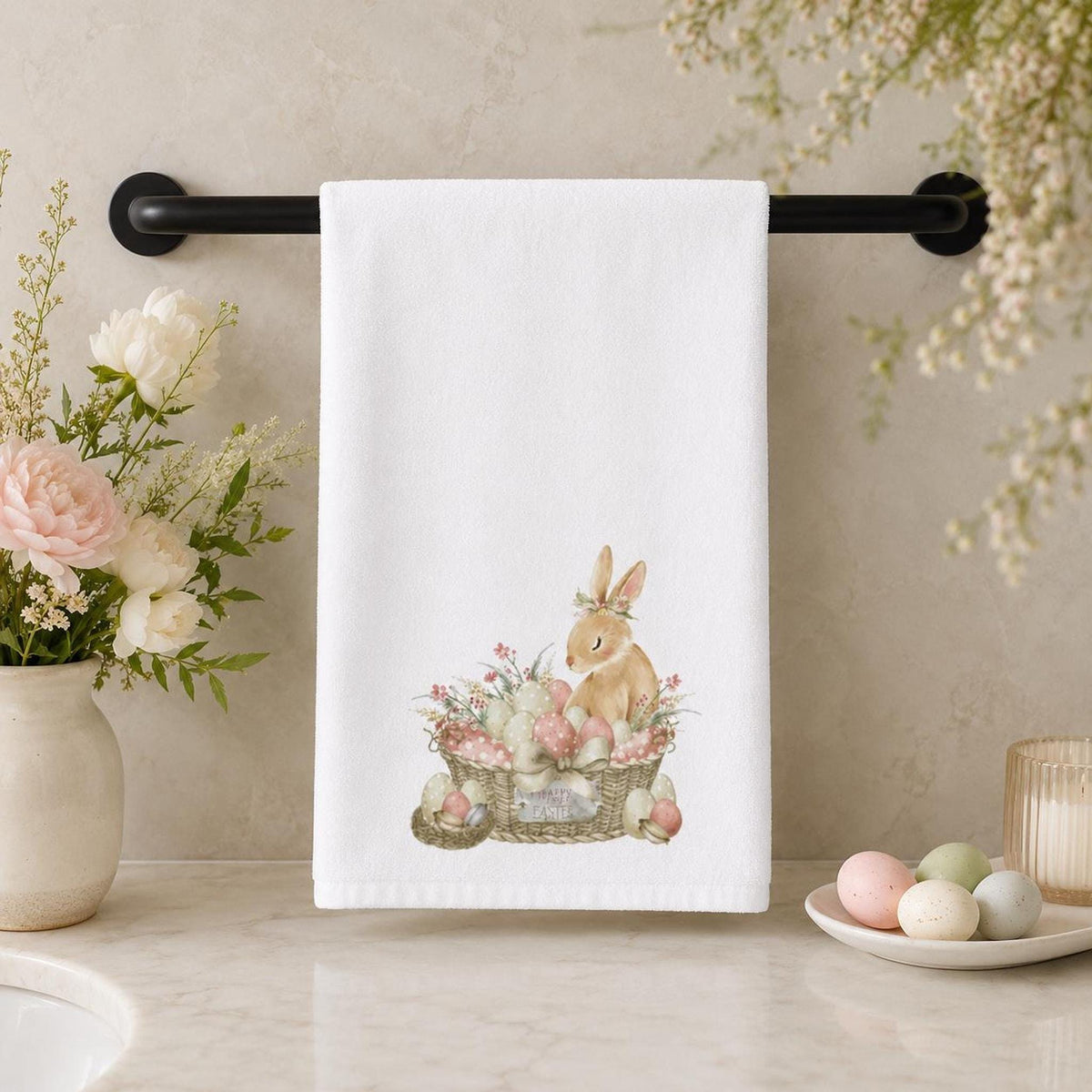 Farmhouse Bathroom Easter Bunny Hand Towel, 15 x 25 Inch Cotton Terrycloth