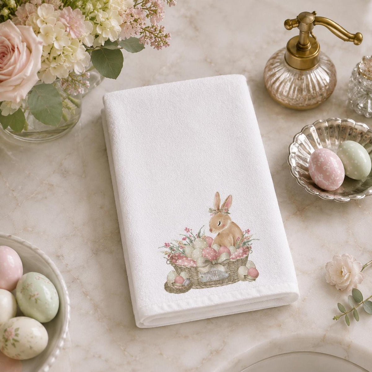 Farmhouse Bathroom Easter Bunny Hand Towel, 15 x 25 Inch Cotton Terrycloth
