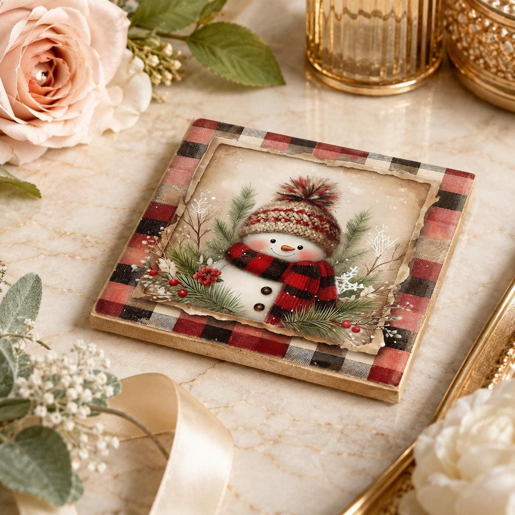 Snowman Coaster, Square Ceramic Christmas Drink Tile with Buffalo Plaid