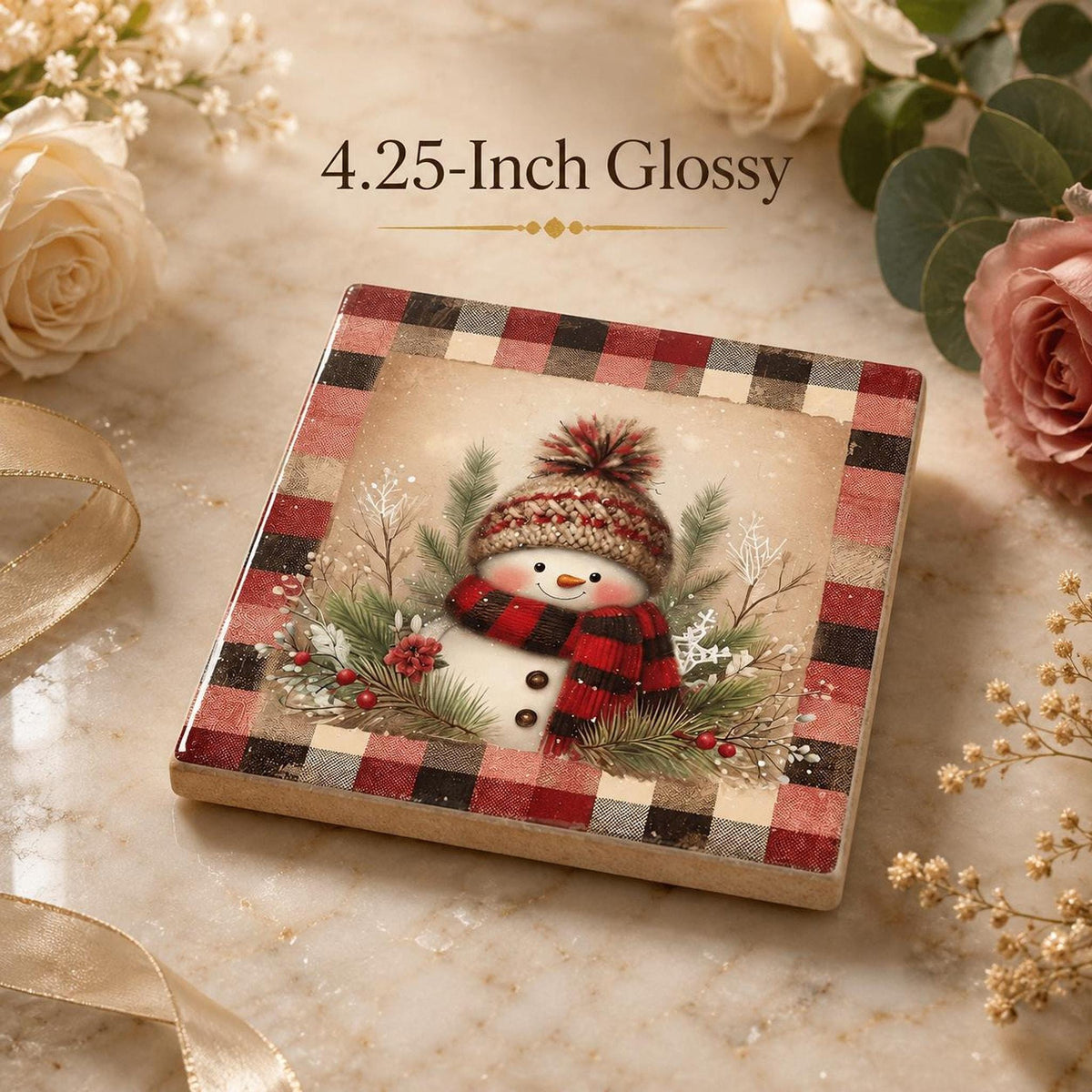 Snowman Coaster, Square Ceramic Christmas Drink Tile with Buffalo Plaid