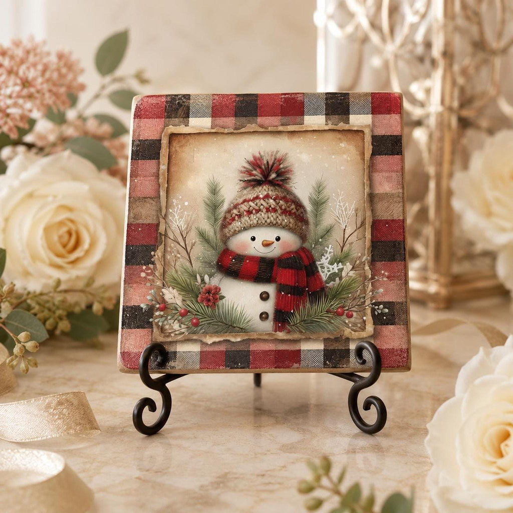 Snowman Coaster, Square Ceramic Christmas Drink Tile with Buffalo Plaid