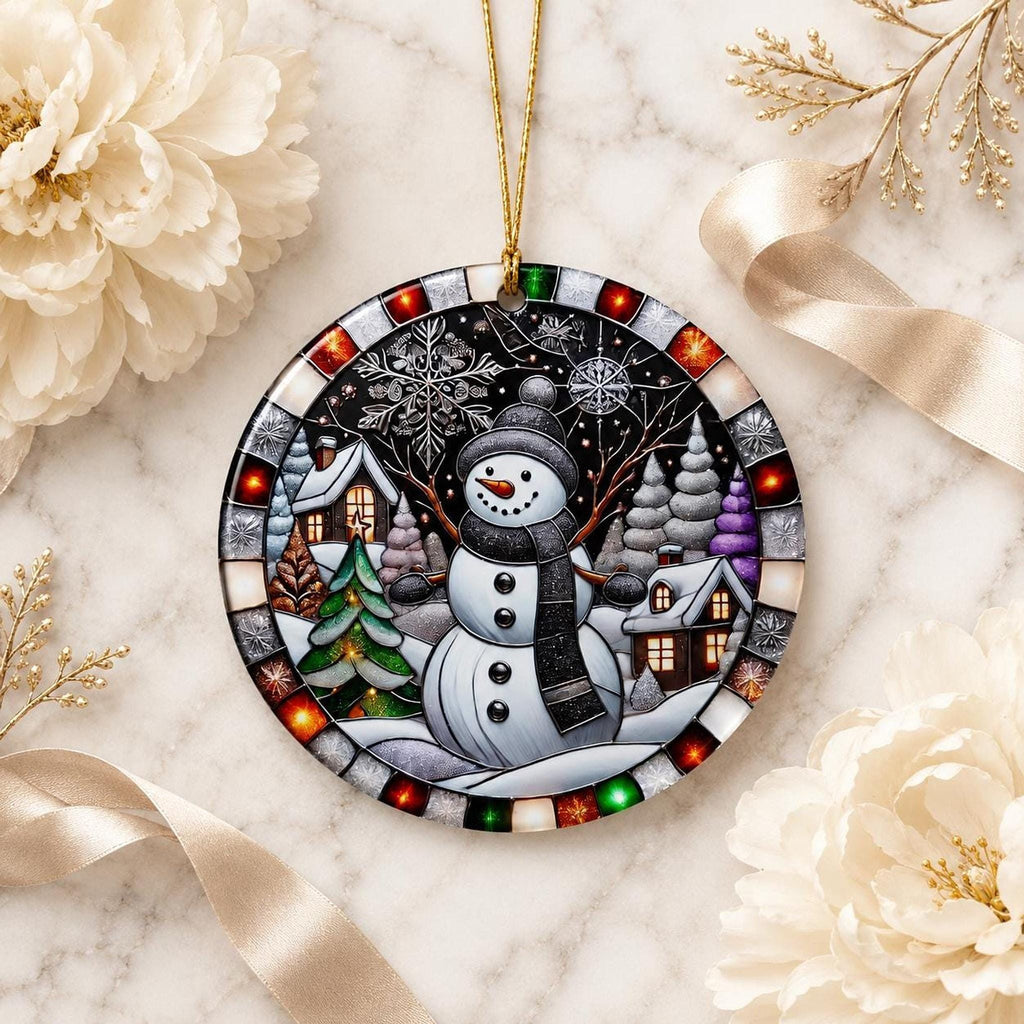 Snowman Ornament, Round Ceramic Winter Village Decor, Glossy Printed Holiday Keepsake
