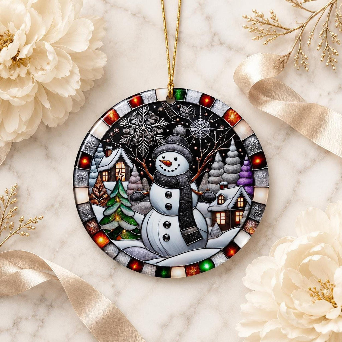 Snowman Ornament, Round Ceramic Winter Village Decor, Glossy Printed Holiday Keepsake