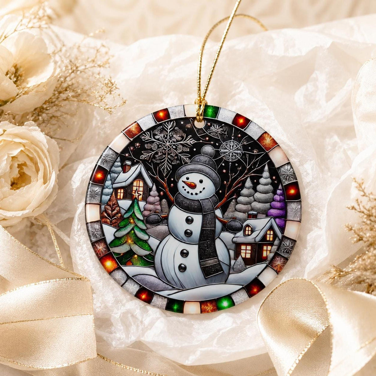 Snowman Ornament, Round Ceramic Winter Village Decor, Glossy Printed Holiday Keepsake