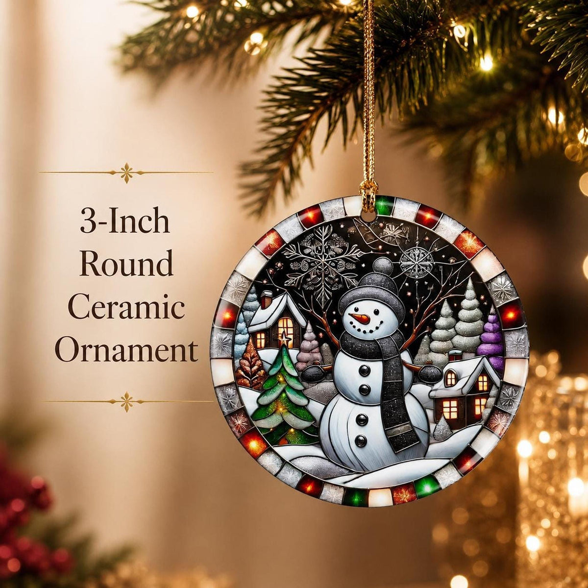 Snowman Ornament, Round Ceramic Winter Village Decor, Glossy Printed Holiday Keepsake