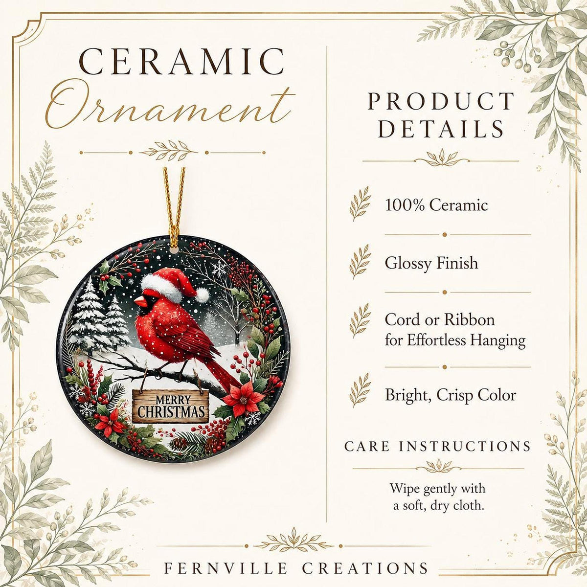 Cardinal Ornament, 3-Inch Glossy Ceramic Snow Scene Christmas Keepsake