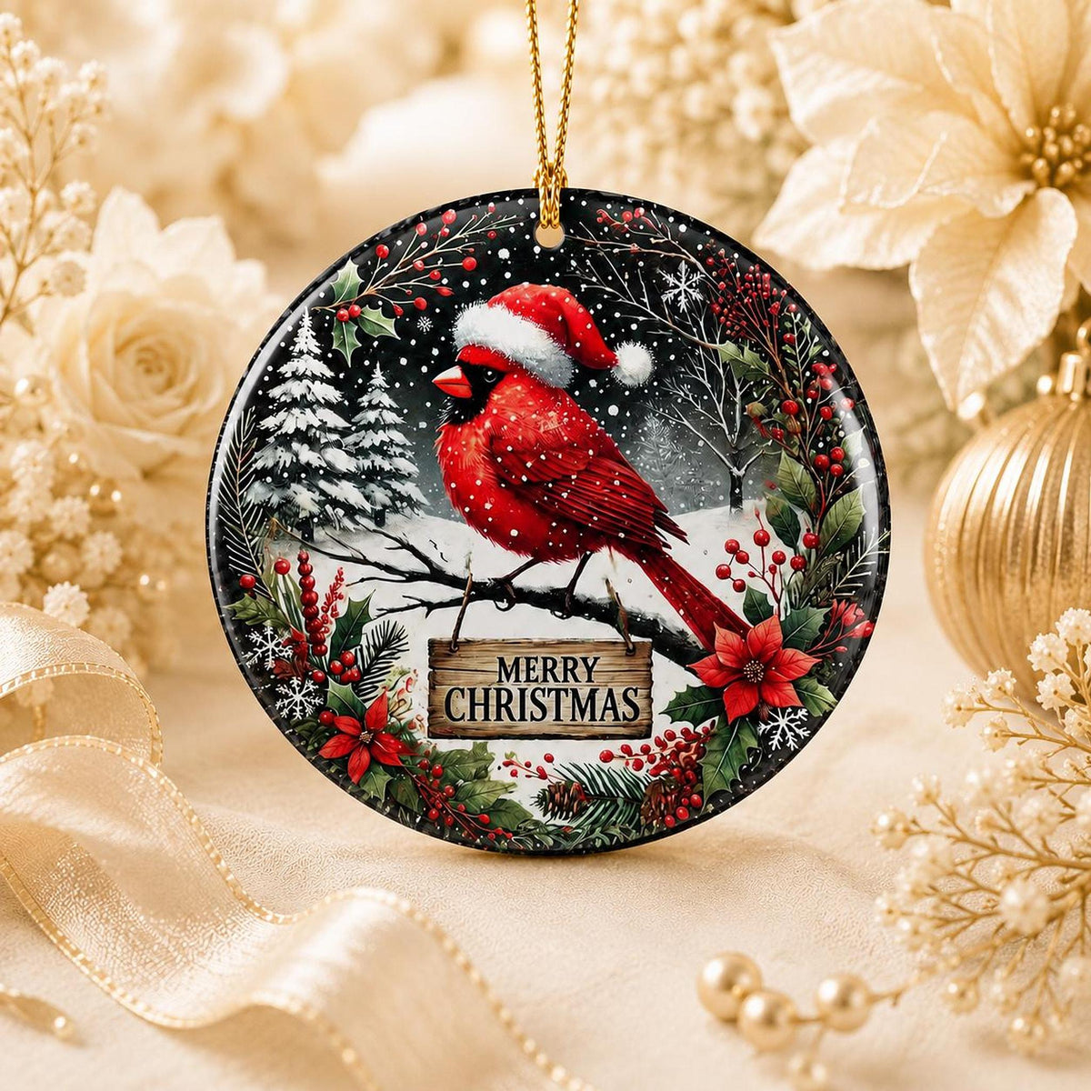 Cardinal Ornament, 3-Inch Glossy Ceramic Snow Scene Christmas Keepsake
