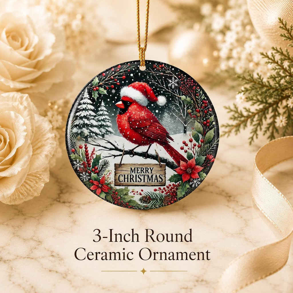 Cardinal Ornament, 3-Inch Glossy Ceramic Snow Scene Christmas Keepsake