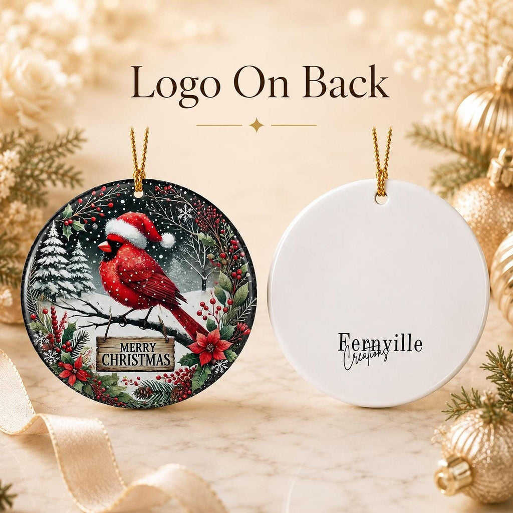 Cardinal Ornament, 3-Inch Glossy Ceramic Snow Scene Christmas Keepsake