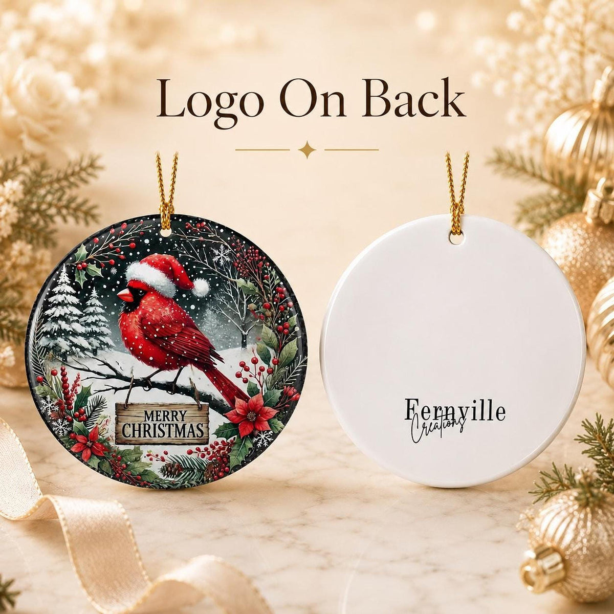 Cardinal Ornament, 3-Inch Glossy Ceramic Snow Scene Christmas Keepsake