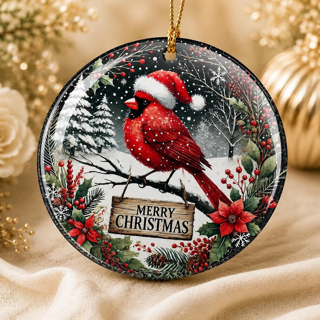 Cardinal Ornament, 3-Inch Glossy Ceramic Snow Scene Christmas Keepsake