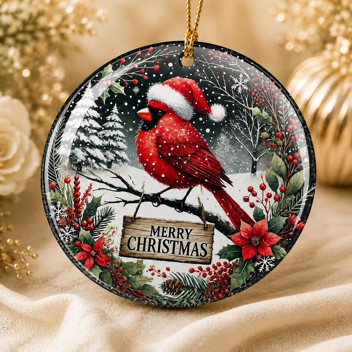 Cardinal Ornament, 3-Inch Glossy Ceramic Snow Scene Christmas Keepsake