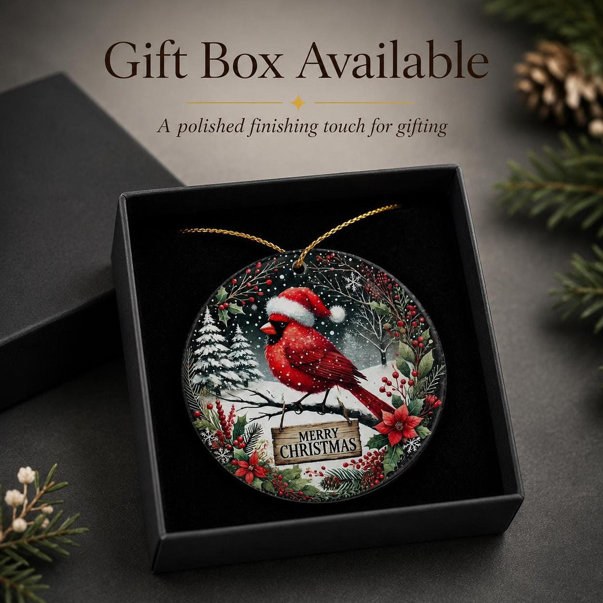 Cardinal Ornament, 3-Inch Glossy Ceramic Snow Scene Christmas Keepsake